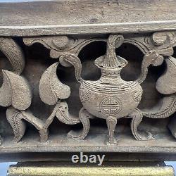 Antique Chinese Hand Carved Relief Wood Panel Leaves Vase Flowers