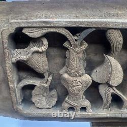 Antique Chinese Hand Carved Relief Wood Panel Leaves Vase Flowers