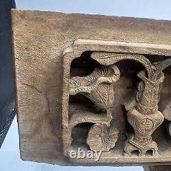 Antique Chinese Hand Carved Relief Wood Panel Leaves Vase Flowers