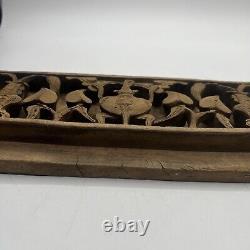 Antique Chinese Hand Carved Relief Wood Panel Leaves Vase Flowers