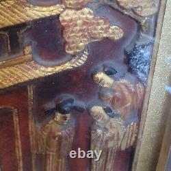 Antique Chinese Hand Carved Wood Panel Gilt Relief Framed City Scene Vintage
