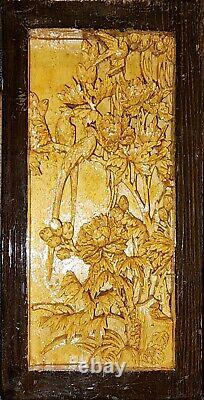 Antique Chinese Hand-Carved Wood Relief Board Panel Gold Gilt Bird Animal Flower