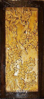 Antique Chinese Hand-Carved Wood Relief Board Panel Gold Gilt Bird Animal Flower