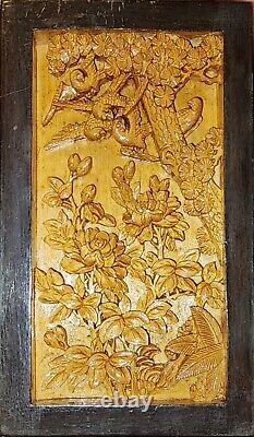 Antique Chinese Hand-Carved Wood Relief Board Panel Gold Gilt Bird Animal Flower