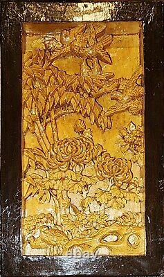 Antique Chinese Hand-Carved Wood Relief Board Panel Gold Gilt Bird Animal Flower