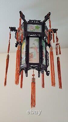 Antique Chinese Hardwood Lantern Reverse Painted Glass Paneled Hand Carved