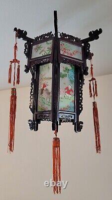 Antique Chinese Hardwood Lantern Reverse Painted Glass Paneled Hand Carved