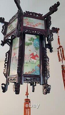 Antique Chinese Hardwood Lantern Reverse Painted Glass Paneled Hand Carved