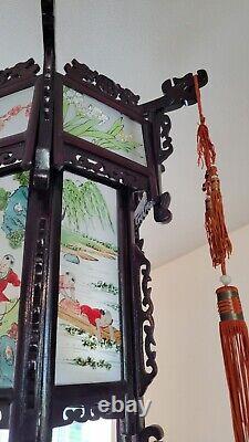 Antique Chinese Hardwood Lantern Reverse Painted Glass Paneled Hand Carved