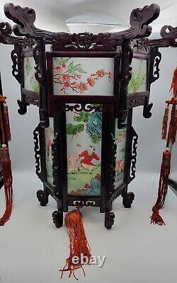 Antique Chinese Hardwood Lantern Reverse Painted Glass Paneled Hand Carved