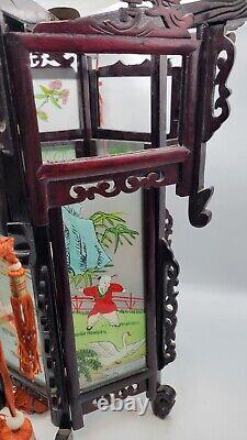 Antique Chinese Hardwood Lantern Reverse Painted Glass Paneled Hand Carved