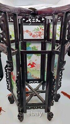 Antique Chinese Hardwood Lantern Reverse Painted Glass Paneled Hand Carved