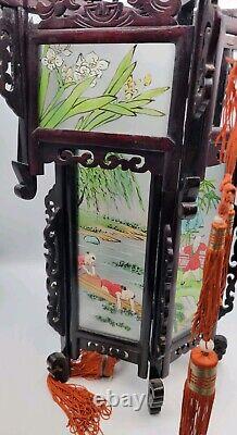 Antique Chinese Hardwood Lantern Reverse Painted Glass Paneled Hand Carved