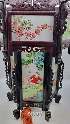 Antique Chinese Hardwood Lantern Reverse Painted Glass Paneled Hand Carved