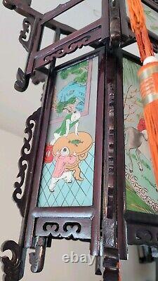 Antique Chinese Hardwood Lantern Reverse Painted Glass Paneled Hand Carved