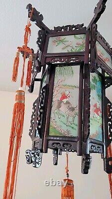 Antique Chinese Hardwood Lantern Reverse Painted Glass Paneled Hand Carved
