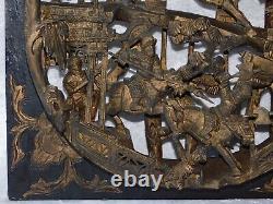 Antique Chinese Open 3D Carved Battle War Wood Brass Gilt Plaque Lacquer Panel