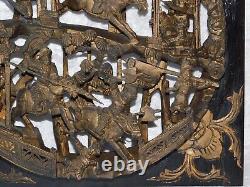 Antique Chinese Open 3D Carved Battle War Wood Brass Gilt Plaque Lacquer Panel