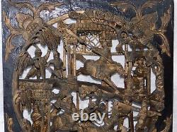Antique Chinese Open 3D Carved Battle War Wood Brass Gilt Plaque Lacquer Panel