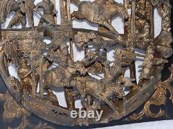 Antique Chinese Open 3D Carved Battle War Wood Brass Gilt Plaque Lacquer Panel