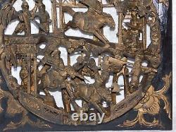 Antique Chinese Open 3D Carved Battle War Wood Brass Gilt Plaque Lacquer Panel