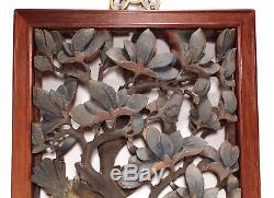 Antique Chinese Polychrome Painted Carved Wood Wooden Panel Birds Flowers Leaves