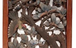 Antique Chinese Polychrome Painted Carved Wood Wooden Panel Birds Flowers Leaves