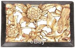 Antique Chinese Qing Carved Wood Panel Gold Gilt Bird Flowers Temple China Old