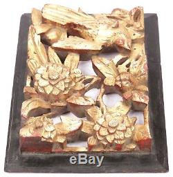 Antique Chinese Qing Carved Wood Panel Gold Gilt Bird Flowers Temple China Old