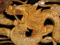 Antique Chinese Qing Dynasty Hand Carved Architectual Panel Dragons & Pearl Of