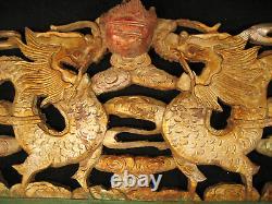 Antique Chinese Qing Dynasty Hand Carved Architectual Panel Dragons & Pearl Of