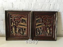 Antique Chinese Qing / Republic Pair of Red Lacquered & Gilt Carved Wood Panels