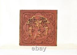Antique Chinese Red & Gilt Wood Carved Panel