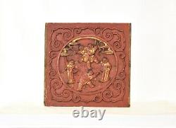 Antique Chinese Red & Gilt Wood Carved Panel