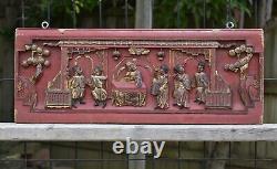 Antique Chinese Red & Gilt Wood Carved Panel, 19th c