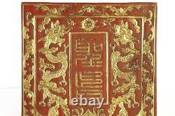 Antique Chinese Red & Gilt Wood Carved Panel w Dragon & the imperial edict