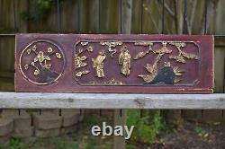 Antique Chinese Red & Gilt Wooden Carved Panel, 19th c