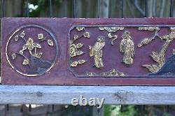 Antique Chinese Red & Gilt Wooden Carved Panel, 19th c