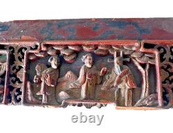 Antique Chinese Red + Gold Gilt Carved Wooden Panels x 4 Chinese Performers
