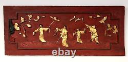 Antique Chinese Relief Carved Wood Panel Wall Plaque- Spring Outing, Red & Gilt