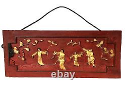 Antique Chinese Relief Carved Wood Panel Wall Plaque- Spring Outing, Red & Gilt