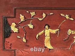 Antique Chinese Relief Carved Wood Panel Wall Plaque- Spring Outing, Red & Gilt