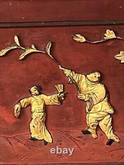 Antique Chinese Relief Carved Wood Panel Wall Plaque- Spring Outing, Red & Gilt