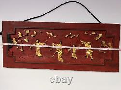 Antique Chinese Relief Carved Wood Panel Wall Plaque- Spring Outing, Red & Gilt