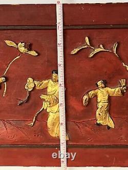 Antique Chinese Relief Carved Wood Panel Wall Plaque- Spring Outing, Red & Gilt