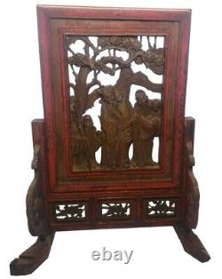 Antique Chinese Scholar Table Screen Carved Wood Scene Screen Panel 19th Century