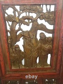 Antique Chinese Scholar Table Screen Carved Wood Scene Screen Panel 19th Century