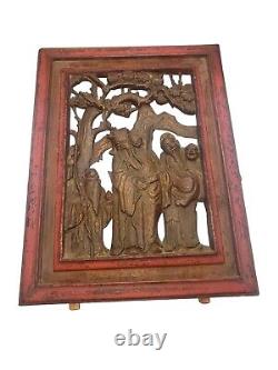 Antique Chinese Scholar Table Screen Carved Wood Scene Screen Panel 19th Century