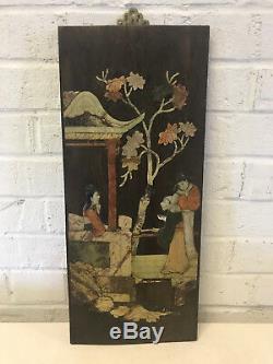 Antique Chinese Stone Carved Inlaid Wood Panel 3 Figures Tree Pagoda Decoration