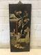 Antique Chinese Stone Carved Inlaid Wood Panel 3 Figures Tree Pagoda Decoration
